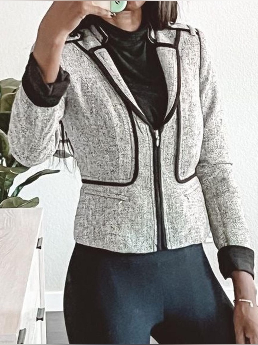White House Black Market Gray Tweed Zip-Front Blazer with Black Trim